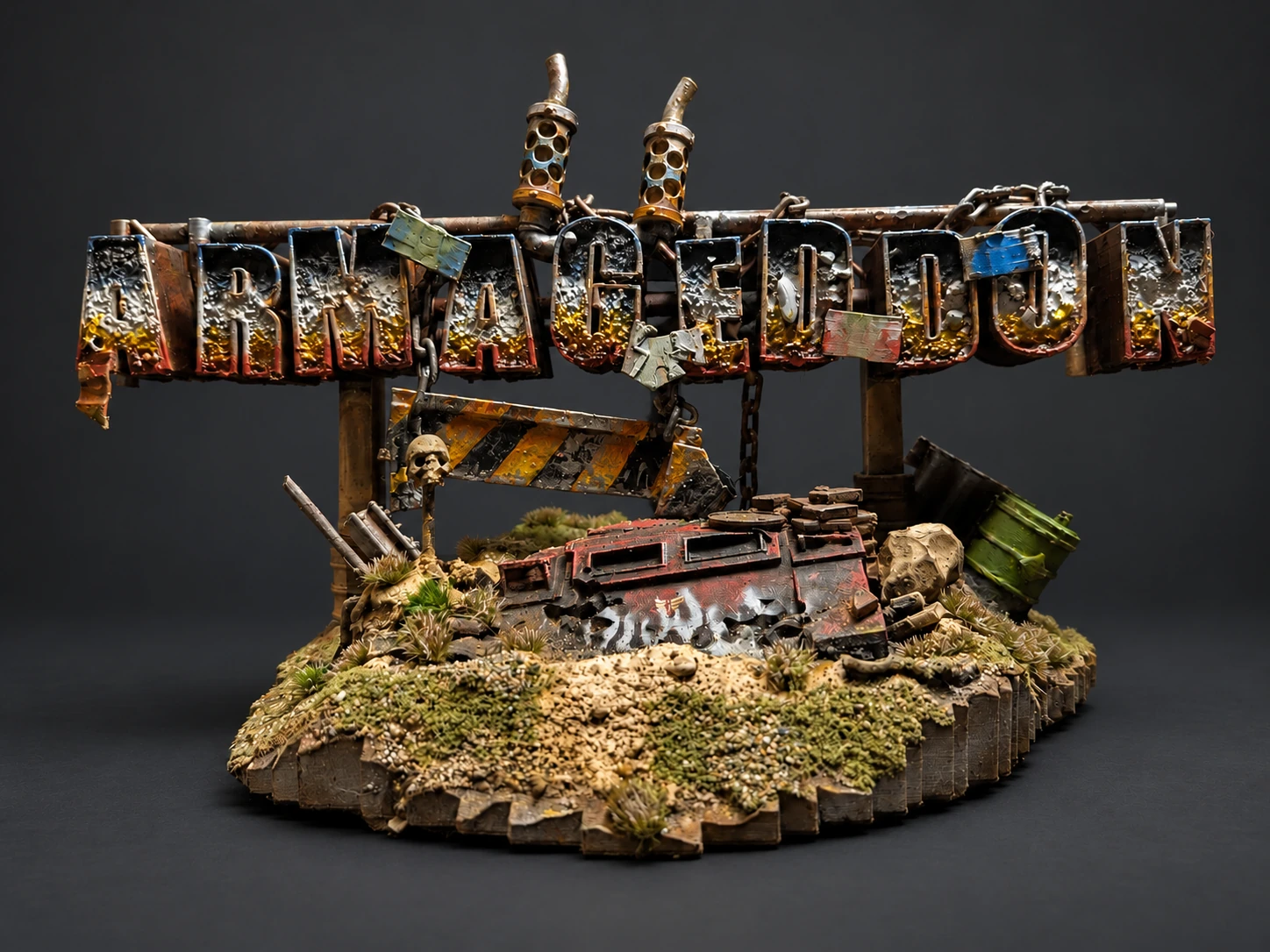 Hand-painted Armageddon tabletop display sign