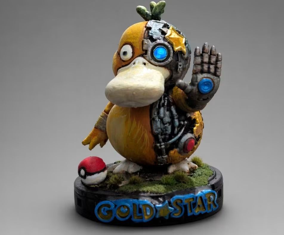 Full Goldstar duck collectible with a mechanical hand, small red-and-white ball and scenic base.