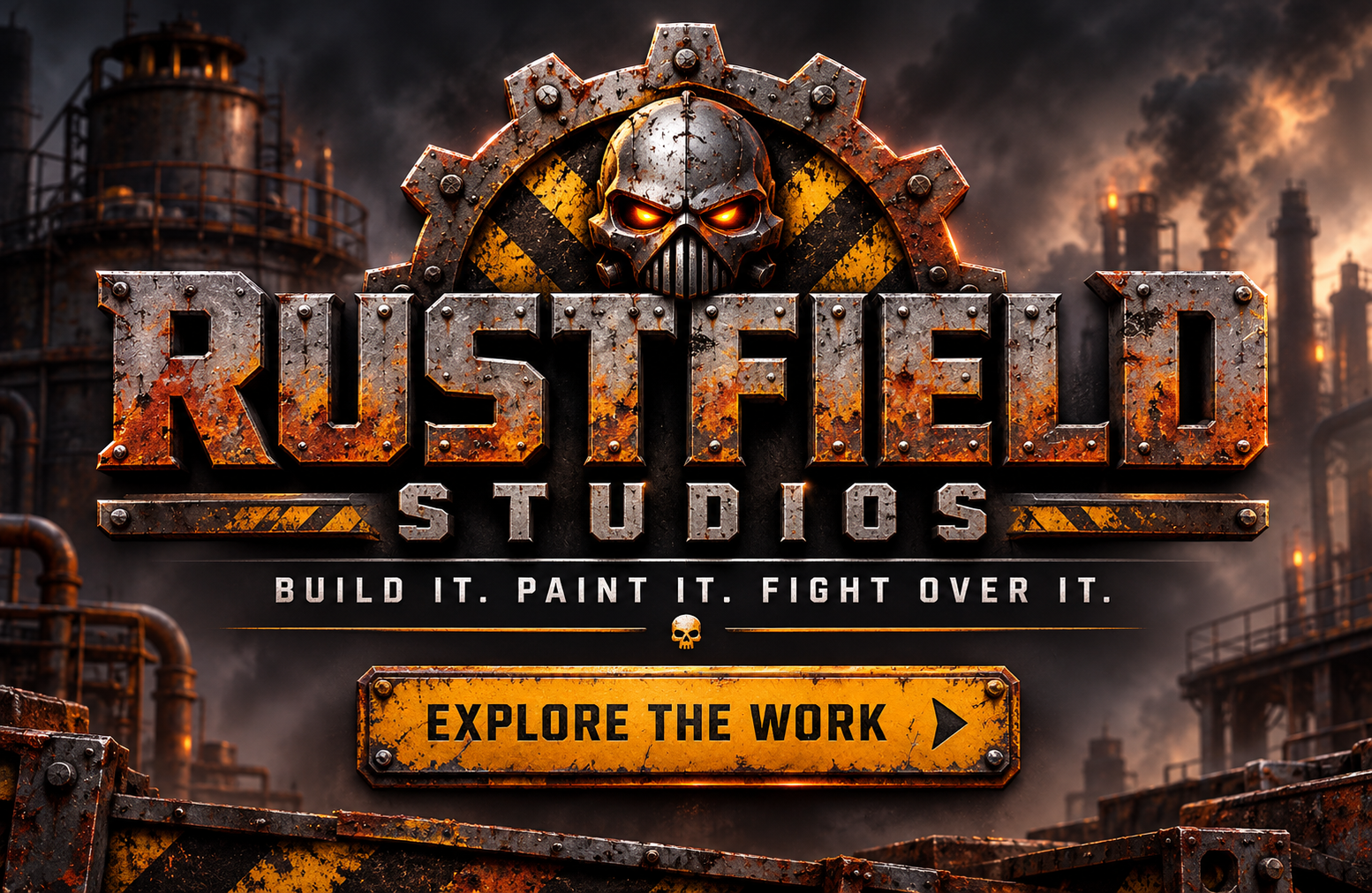 Rustfield Studios logo in weathered steel lettering, with a cog and skull emblem and the tagline Build it. Paint it. Fight over it.