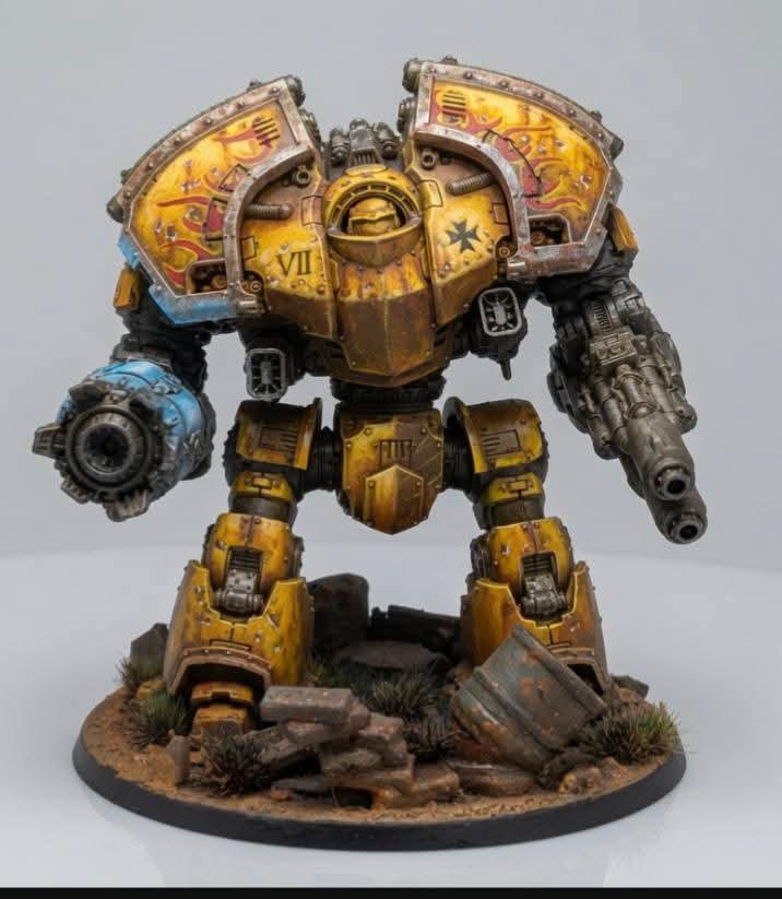Full yellow and weathered Redemptor Dreadnought miniature on a scenic base.